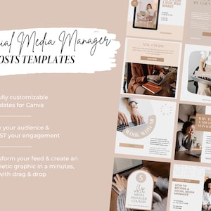 May include: A set of social media post templates for Canva. The templates feature a light brown background with white text and images of a person working on a laptop. The text includes "Social Media Manager", "Posts Templates", "50 Fully customizable templates for Canva", "Grow your audience & BOOST your engagement", "Transform your feed & create an aesthetic graphic in a minutes, just with drag & drop", "New Course", "Work With Me", "Why to hire a Social Media Manager", "5 Social Media Manager Courses", and "How to Become a Social Media Manager".
