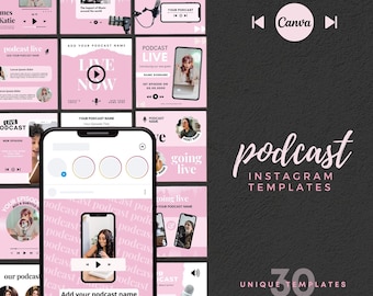 May include: A set of 30 pink and white Instagram templates for podcasters. The templates feature a variety of designs, including a microphone, a play button, and text that says "podcast".