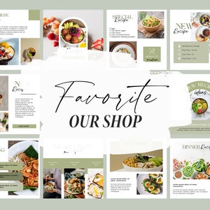May include: A collage of nine images showcasing various food recipes. The images feature bowls of salad, a plate of fried rice, and a bowl of fruit. The text "Favorite Our Shop" is written in black cursive font on a white background.