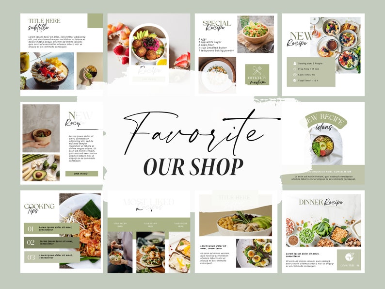 May include: A collage of nine images showcasing various food recipes. The images feature bowls of salad, a plate of fried rice, and a bowl of fruit. The text "Favorite Our Shop" is written in black cursive font on a white background.
