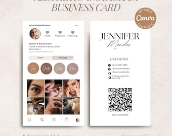 Wizytówka na Instagramie Lash, Wizytówka IG, Projekt szablonu wizytówki Canva, Wizytówka z kodem QR