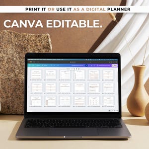 May include: A laptop computer displaying a digital planner with multiple pages for weekly nutrition tracking. The planner is open in Canva, a graphic design platform. The laptop is on a light brown surface with a brown rock and a white cloth in the background.