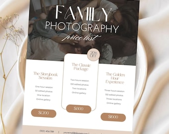 Plantilla de guía de precios de fotografía / Lista de precios de fotografía / Plantilla de lista de precios de sesiones familiares / Plantilla de Canva