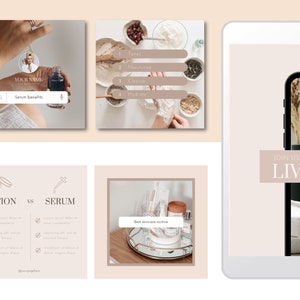 May include: A collage of images promoting a live skincare event. The images show a woman applying a serum, a list of skincare benefits, a comparison of lotion and serum, and a collection of skincare products. The text "JOIN US LIVE!" is displayed on a tablet screen.