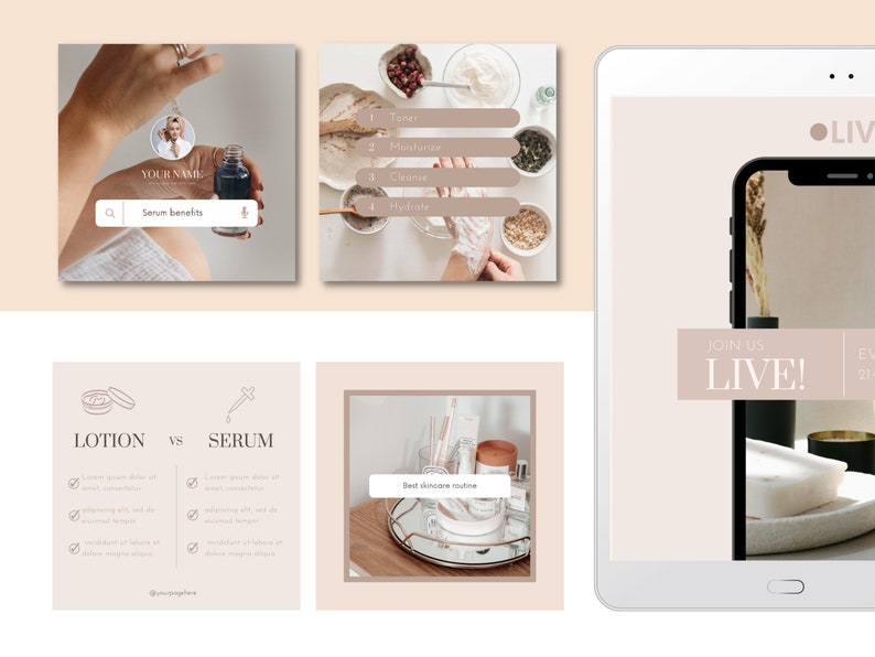 May include: A collage of images promoting a live skincare event. The images show a woman applying a serum, a list of skincare benefits, a comparison of lotion and serum, and a collection of skincare products. The text "JOIN US LIVE!" is displayed on a tablet screen.