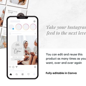 Puede incluir: Una maqueta de tel&eacute;fono inteligente que muestra una publicaci&oacute;n en redes sociales para un spa o un negocio de masajes. La publicaci&oacute;n presenta un fondo blanco con un gr&aacute;fico circular que dice "We Are Open" en escritura cursiva. La publicaci&oacute;n tambi&eacute;n incluye una llamada a la acci&oacute;n para reservar una cita hoy. La publicaci&oacute;n se muestra en un fondo blanco con un marco de tel&eacute;fono inteligente.