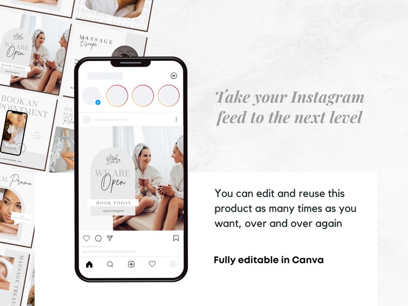 Puede incluir: Una maqueta de tel&eacute;fono inteligente que muestra una publicaci&oacute;n en redes sociales para un spa o un negocio de masajes. La publicaci&oacute;n presenta un fondo blanco con un gr&aacute;fico circular que dice "We Are Open" en escritura cursiva. La publicaci&oacute;n tambi&eacute;n incluye una llamada a la acci&oacute;n para reservar una cita hoy. La publicaci&oacute;n se muestra en un fondo blanco con un marco de tel&eacute;fono inteligente.