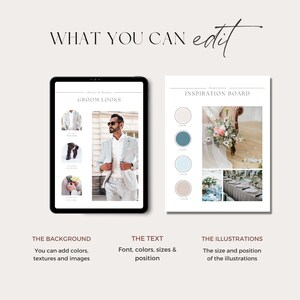 May include: A digital template for a wedding inspiration board with a groom's attire section and a color palette and images section. The text "Groom Looks" and "Inspiration Board" is displayed on the template.