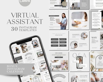 May include: A collection of 30 Instagram templates for virtual assistants, featuring a gray and white color scheme with a modern design. The templates include text such as "How I Serve My Client", "New Course", "Client Review", "Why Virtual Assistant Will Improve Your Business", and "Work With Me".