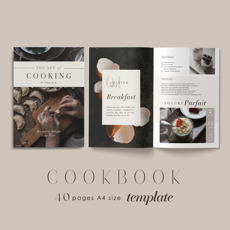 May include: A cookbook template with a white background and a minimalist design. The cover features a photo of hands making dumplings. The inside pages show a recipe for a yogurt parfait with a photo of the finished dish.