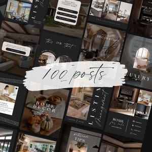 May include: A collage of images showcasing interior design ideas for homes. The images feature various rooms, including a living room, kitchen, bathroom, and bedroom. The images are styled with a modern and minimalist aesthetic, featuring neutral colors and natural textures. The text "100 posts" is superimposed on the images.
