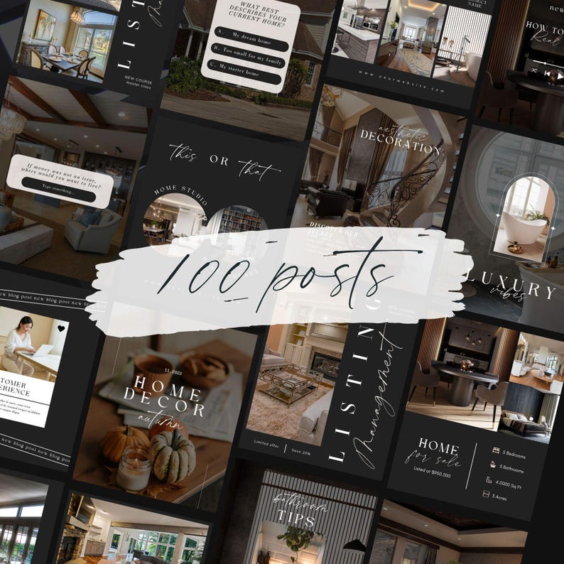 May include: A collage of images showcasing interior design ideas for homes. The images feature various rooms, including a living room, kitchen, bathroom, and bedroom. The images are styled with a modern and minimalist aesthetic, featuring neutral colors and natural textures. The text "100 posts" is superimposed on the images.