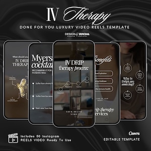 May include: A digital design template for Instagram Reels, featuring five smartphone mockups showcasing IV therapy information. The design includes text such as "IV Therapy," "Benefits," and "IV Drip therapy process." The template is ready to use and editable in Canva.