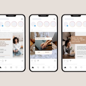 May include: Three Instagram post mockups with a brown and white color scheme. The first post is about how to become a social media manager. The second post is a placeholder for a question. The third post is about why to hire a social media manager.