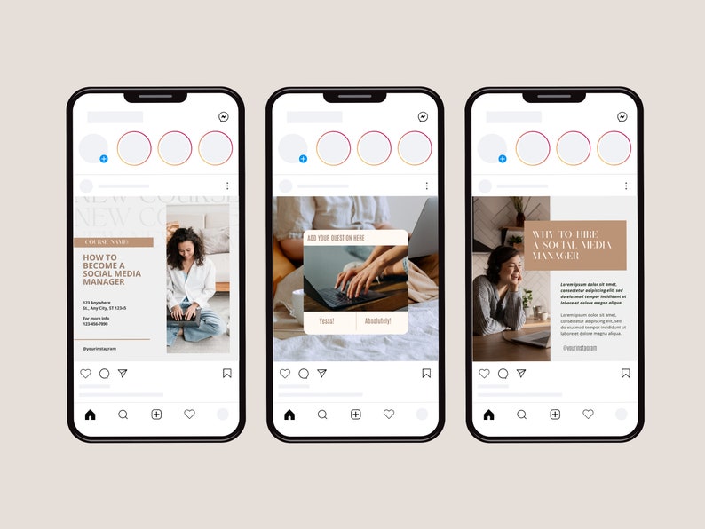 May include: Three Instagram post mockups with a brown and white color scheme. The first post is about how to become a social media manager. The second post is a placeholder for a question. The third post is about why to hire a social media manager.