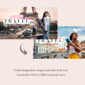 Peut inclure: Deux images de femmes en voyage. La premi&egrave;re image montre une femme avec un sac &agrave; dos et une valise debout devant la tour Eiffel &agrave; Paris. La deuxi&egrave;me image montre une femme tenant un t&eacute;l&eacute;phone devant un b&acirc;timent &agrave; Rome. Les deux images ont le texte "Paris sing TRAVEL with me" en rose et or.