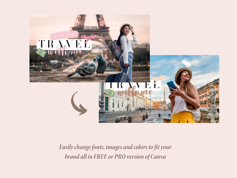 Peut inclure: Deux images de femmes en voyage. La premi&egrave;re image montre une femme avec un sac &agrave; dos et une valise debout devant la tour Eiffel &agrave; Paris. La deuxi&egrave;me image montre une femme tenant un t&eacute;l&eacute;phone devant un b&acirc;timent &agrave; Rome. Les deux images ont le texte "Paris sing TRAVEL with me" en rose et or.