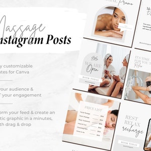 Puede incluir: Una colecci&oacute;n de plantillas de publicaciones de Instagram para empresas de masaje. Las plantillas presentan im&aacute;genes de personas relaj&aacute;ndose y recibiendo masajes, junto con texto que promociona los beneficios del masaje. El texto incluye frases como "Escape de Masaje", "Es hora de que te relajes", "Estamos abiertos", "Descansa, rel&aacute;jate, recarga", y "Reserva hoy".