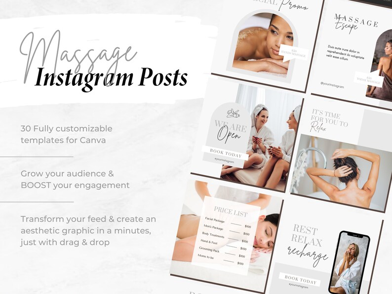 Puede incluir: Una colecci&oacute;n de plantillas de publicaciones de Instagram para empresas de masaje. Las plantillas presentan im&aacute;genes de personas relaj&aacute;ndose y recibiendo masajes, junto con texto que promociona los beneficios del masaje. El texto incluye frases como "Escape de Masaje", "Es hora de que te relajes", "Estamos abiertos", "Descansa, rel&aacute;jate, recarga", y "Reserva hoy".