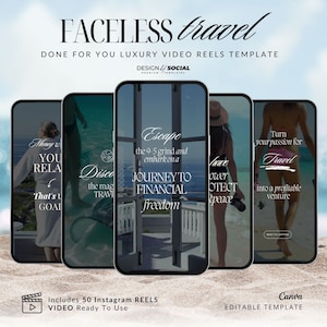 May include: A set of five Instagram video reels templates for travel. Each reel features a different quote about travel and a person walking on a beach. The quotes include "Money can't buy you happiness, but it can buy you a plane ticket", "Escape the 9-5 grind and embark on a journey to financial freedom", "Have over protect peace", "Turn your passion for travel into a profitable venture", and "Disco the magic of travel".