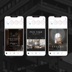 May include: Three Instagram post mockups with black backgrounds and white text. The first post is a podcast graphic with the text "new podcast" and "HOW TO INVEST IN Real Estates". The second post is a "PICK YOUR project" graphic with three images of different rooms. The third post is a "LUXURY vibes" graphic with an image of a bathroom with a freestanding bathtub.