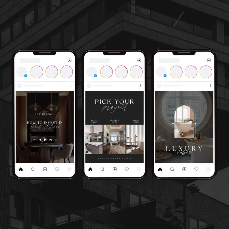 May include: Three Instagram post mockups with black backgrounds and white text. The first post is a podcast graphic with the text "new podcast" and "HOW TO INVEST IN Real Estates". The second post is a "PICK YOUR project" graphic with three images of different rooms. The third post is a "LUXURY vibes" graphic with an image of a bathroom with a freestanding bathtub.