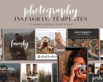 以下が含まれることがあります： 写真家向けのInstagramテンプレートのコレクション。テンプレートには、家族写真テンプレート、ミニセッションテンプレート、ポートレートテンプレートなど、さまざまなデザインが用意されています。テンプレートは投稿する準備ができており、Canvaを使用してカスタマイズできます。