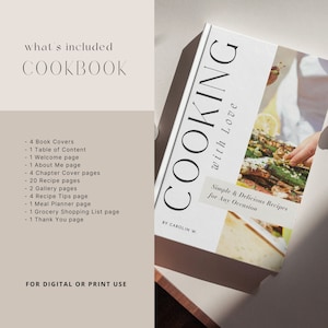 K&ouml;nnte beinhalten: Ein wei&szlig;es Kochbuch mit dem Titel "Cooking with Love" und dem Text "Simple & Delicious Recipes for Any Occasion". Das Kochbuch ist von Carolin W. und enth&auml;lt 4 Buchumschl&auml;ge, 1 Inhaltsverzeichnis, 1 Willkommensseite, 1 &Uuml;ber mich-Seite, 4 Kapitel-Umschl&auml;ge, 20 Rezeptseiten, 2 Galerie-Seiten, 4 Rezept-Tipp-Seiten, 1 Speiseplaner-Seite, 1 Einkaufsliste und 1 Dankesch&ouml;n-Seite. Das Kochbuch ist f&uuml;r den digitalen oder gedruckten Gebrauch bestimmt.