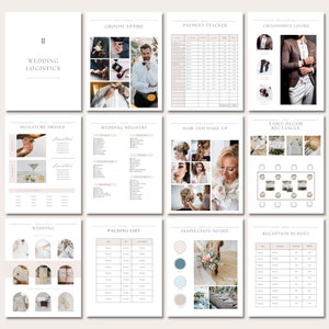 May include: A printable wedding planning checklist with sections for wedding logistics, groom attire, payment tracker, groomsmen looks, signature drinks, wedding registry, hair and make-up, table decor, wedding details, packing list, inspiration board, and reception budget.