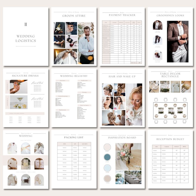 May include: A printable wedding planning checklist with sections for wedding logistics, groom attire, payment tracker, groomsmen looks, signature drinks, wedding registry, hair and make-up, table decor, wedding details, packing list, inspiration board, and reception budget.