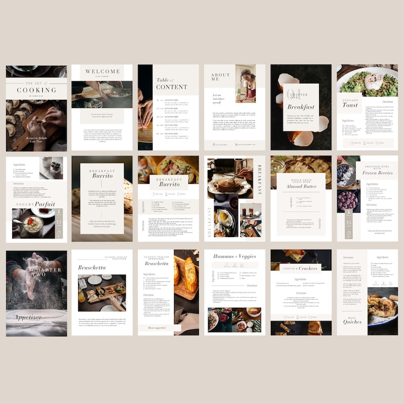 May include: A digital cookbook with a beige background and images of various breakfast recipes. The cookbook includes recipes for yogurt parfait, breakfast burritos, avocado toast, frozen berries, hummus and veggies, bruschetta, and mini quiches.