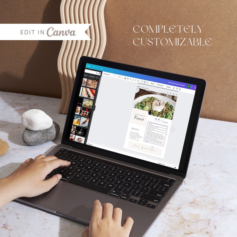 May include: A laptop computer with a white background showing a recipe for Avocado Toast on the screen. The laptop is open and the keyboard is visible. The screen also shows a thumbnail gallery of other recipes.