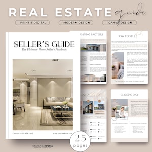 May include: A 25-page real estate seller's guide with a modern design. The guide includes tips on pricing, staging, and closing day. The cover features a photo of a modern living room with a couch, coffee table, and large windows.