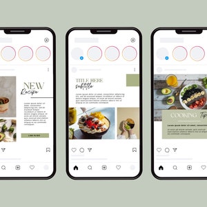 May include: Three Instagram phone screen mockups with a green background. The first mockup shows a photo of a bowl of food with the text "NEW Recipe" and a link to a website. The second mockup shows a photo of a bowl of fruit with the text "TITLE HERE subtitle" and a link to a website. The third mockup shows a photo of a bowl of fruit with the text "COOKING Tips" and a link to a website.