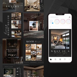 May include: A collage of images showcasing luxury home decor, real estate, and interior design. The images feature a variety of styles, including modern, traditional, and contemporary. The text "Luxury Vibes", "Luxury Home Decor", "Sold", "$889,000", "Mood Board", "How to Invest in Real Estates", "What is a Backup Offer", and "Open House" are visible in the images.