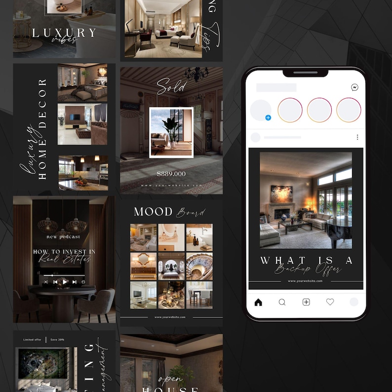 May include: A collage of images showcasing luxury home decor, real estate, and interior design. The images feature a variety of styles, including modern, traditional, and contemporary. The text "Luxury Vibes", "Luxury Home Decor", "Sold", "$889,000", "Mood Board", "How to Invest in Real Estates", "What is a Backup Offer", and "Open House" are visible in the images.