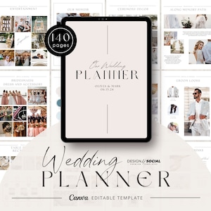 May include: A wedding planner template with a pink background and the text "Our Wedding Planner" in a black script font. The template is designed for Olivia & Mark and includes 140 pages. The template is displayed on a tablet screen and is surrounded by images of wedding details, such as bridesmaids dresses, groom attire, and table settings.