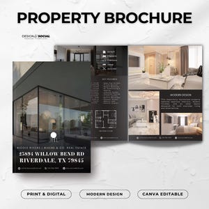 May include: A property brochure with the text "PROPERTY BROCHURE" at the top. The brochure features interior design photos, floor plans, and contact information for Nicole Rivers, Rivers & Co. Real Estate.