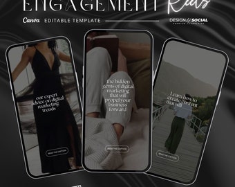May include: Three phone screen mockups with text overlays. The first mockup shows a person wearing a black dress and the text "our expert advice on digital marketing trends". The second mockup shows a person sitting on a bed with a book and the text "the hidden gems of digital marketing that will propel your business forward". The third mockup shows a person walking on a wooden path with the text "Learn how to create content that will".