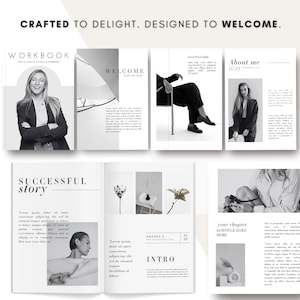 Könnte beinhalten: Eine Sammlung von Marketingmaterialien, darunter ein Arbeitsbuch und Broschüren, mit minimalistischem Design. Der Text "CRAFTED TO DELIGHT. DESIGNED TO WELCOME." steht oben. Das Farbschema ist Schwarz, Weiß und Grau.