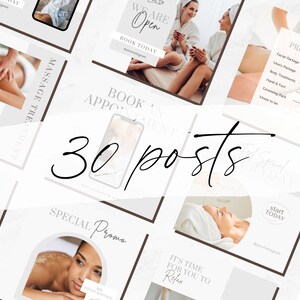 Puede incluir: Una colecci&oacute;n de 30 plantillas de publicaciones para redes sociales para un spa o un negocio de masajes. Las plantillas presentan un dise&ntilde;o minimalista con un fondo blanco y acentos marrones. El texto incluye frases como "Massage Treatment", "Book Appointment", "Special Promo", "It's Time for You to Relax" y "Start Today".