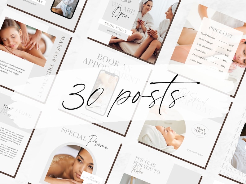 Puede incluir: Una colecci&oacute;n de 30 plantillas de publicaciones para redes sociales para un spa o un negocio de masajes. Las plantillas presentan un dise&ntilde;o minimalista con un fondo blanco y acentos marrones. El texto incluye frases como "Massage Treatment", "Book Appointment", "Special Promo", "It's Time for You to Relax" y "Start Today".