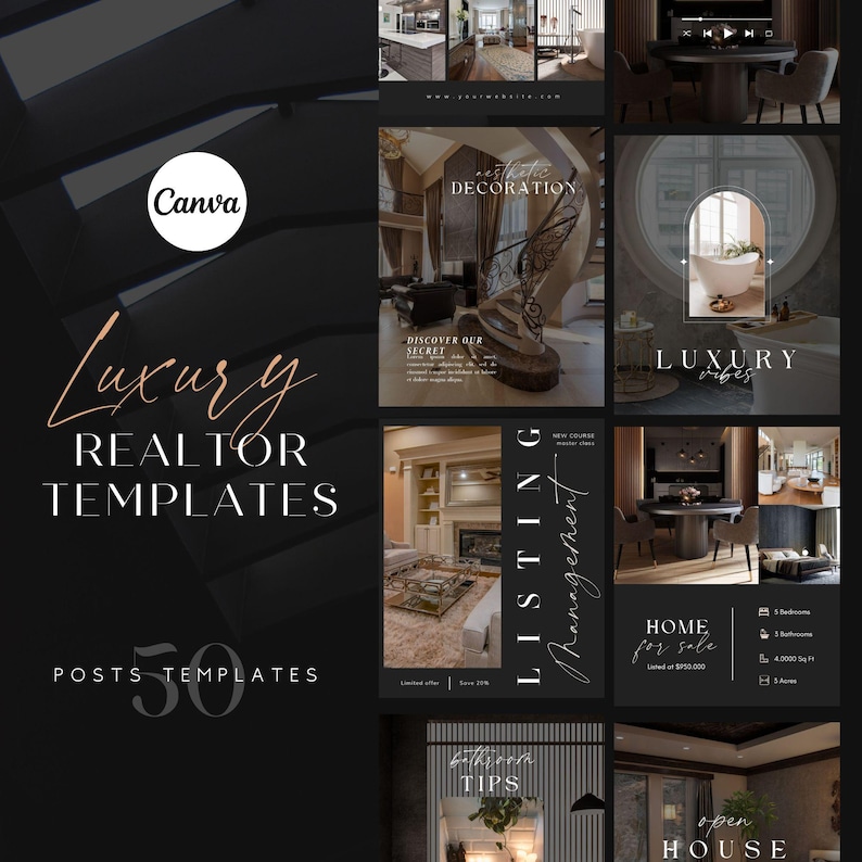 May include: A set of 50 social media post templates for real estate agents. The templates feature a black and white color scheme with gold accents. The templates are designed to be used for promoting luxury real estate listings.