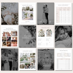 May include: A wedding planner checklist with nine sections, including decoration, reception venue, bridesmaids dress and accessory, expense summary, wedding cake, guests, ceremony decor, venue, and decor rental. Each section has a title and a collage of images.