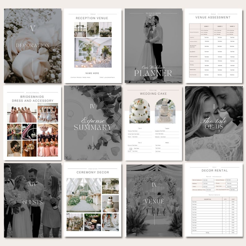 May include: A wedding planner checklist with nine sections, including decoration, reception venue, bridesmaids dress and accessory, expense summary, wedding cake, guests, ceremony decor, venue, and decor rental. Each section has a title and a collage of images.