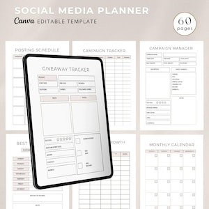 May include: A social media planner template with 60 pages. The template includes sections for posting schedule, campaign tracker, giveaway tracker, best of the week, growth, and a monthly calendar.