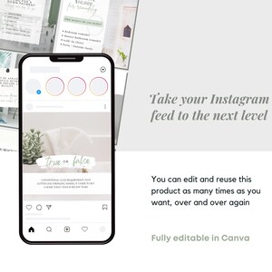 May include: A phone screen displaying a social media post with a light gray background. The post features a light green succulent plant and the text "true or false". The post also includes a caption about conventional loan requirements. The phone screen is surrounded by other social media posts with various designs.