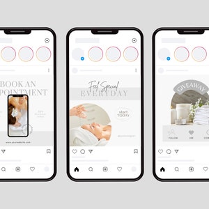 Puede incluir: Tres maquetas de publicaciones de Instagram para promocionar un spa o un negocio de bienestar. La primera publicaci&oacute;n anuncia un masaje con sal del Himalaya con un 20% de descuento. La segunda publicaci&oacute;n anima a los espectadores a "Sentirse especial todos los d&iacute;as" e incluye una foto de una mujer recibiendo un tratamiento facial. La tercera publicaci&oacute;n anuncia un sorteo con una foto de productos de spa, incluyendo velas, toallas y un tarro de crema.