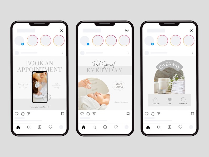 Puede incluir: Tres maquetas de publicaciones de Instagram para promocionar un spa o un negocio de bienestar. La primera publicaci&oacute;n anuncia un masaje con sal del Himalaya con un 20% de descuento. La segunda publicaci&oacute;n anima a los espectadores a "Sentirse especial todos los d&iacute;as" e incluye una foto de una mujer recibiendo un tratamiento facial. La tercera publicaci&oacute;n anuncia un sorteo con una foto de productos de spa, incluyendo velas, toallas y un tarro de crema.
