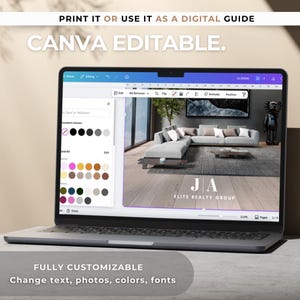 Peut inclure: Un ordinateur portable affiche un mod&egrave;le Canva avec le texte "PRINT IT OR USE IT AS A DIGITAL GUIDE" et "CANVA EDITABLE." Le design pr&eacute;sente "JA ELITE REALTY GROUP." Le bas de l'&eacute;cran indique "FULLY CUSTOMIZABLE Change text, photos, couleurs, fonts."